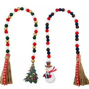 2 Piece Christmas Wooden Bead Garland Rustic Farmhouse Bead Garland Snowman Santa Claus Tiered Tray Decor Winter Wood Bead Country Decor Rustic Farmhouse Pendant Wall Hanging Decor with Linen Tassel